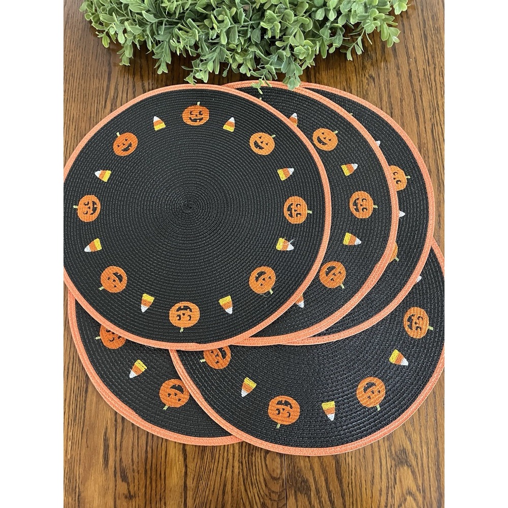 5 Pcs round Halloween Placemats Embroidered Pumpkin Candy Corn Place Mats 15"